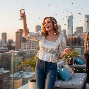 New! QUEEN OF SPARKLES Shimmering Silver Ruffle Blouse